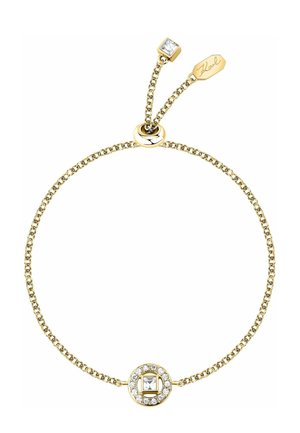 Guldarmbånd med justerbar lås, med en firkantet central krystal omgivet af mindre, runde krystaller.