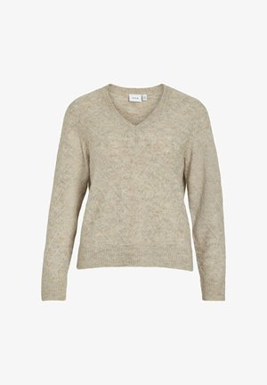 V-veida, garām piedurknēm adīts džemperis gaiši bežā krāsā ar teksturētu dimanta rakstu; mīksta aušanas auduma un ribotas piedurknes un apakšmala.