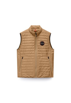 Light brown quilted sleeveless vest with front zipper, two zippered pockets, and circular logo patch on left chest.
