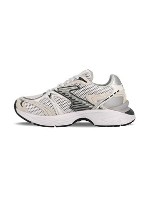 White and gray mesh running shoe with black and silver logo, cushioned sole, and lace-up design, viewed from the side.