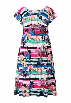 Vestido de estampado floral con mangas cortas despliegue, con un cuerpo fruncido, patrón a rayas en rosa, azul y verde. Tela ligera.