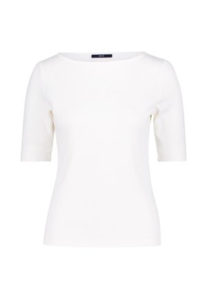 White short-sleeve top featuring a round neckline, made of soft, smooth fabric with a fitted silhouette and minimalistic design.