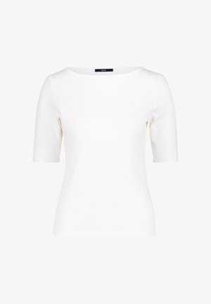 Biała bluzka z krótkim rękawem z okrągłym dekoltem, wykonana z miękkiego, gładkiego materiału o dopasowanym kroju i minimalistycznym designie.