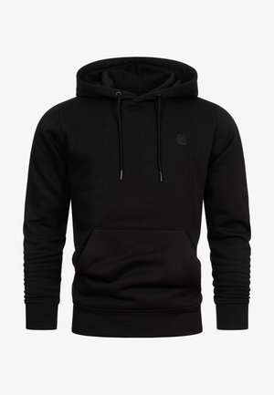 Fekete pulóver kapucnis felső elülső kenguruzsebbel, állítható kapucnival, bordázott mandzsettákkal és diszkrét, kerek logóval a mellkas bal oldalán.