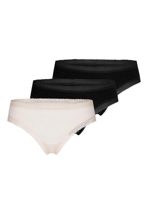 Three women's lace-trimmed hipster panties, two black and one beige, stacked overlapping on a white background.