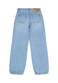 Light blue denim jeans with a wide leg design. Features two back pockets and a brown label on the waistband. Smooth texture, classic cut.