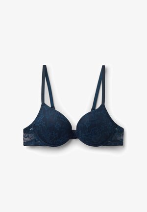 Tmavě modrá krajková podprsenka s tvarovanými košíčky, tenkými nastavitelnými ramínky a květinovým vzorem na látce.