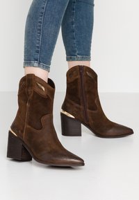 Hnědé semišové kotníkové boty s špičatou špičkou, zlatým akcentem na podpatku a bočním zipem, vystavené s modrými džínami na bílém pozadí.