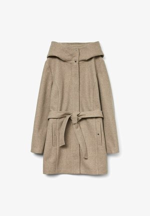 Beige Wollmantel mit großem Kragen, versteckten Frontknöpfen, seitlichen Taschen und einem gebundenen Stoffgürtel in der Taille.