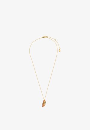 Zarte Goldkette mit kleinem Eulenanhänger, der braune und grüne Emaille-Details aufweist, sowie einem Karabinerverschluss.