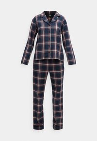 Pijamas de cuadros en azul marino fabricados con tejido suave, que incluyen una camisa abotonada con cuello y mangas largas, junto con pantalones ajustados a juego.