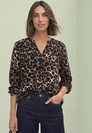 Street One, LONG-SLEEVE BLOUSE WITH SPLIT NECK AND LEOPARD PRINT - Blusa - black