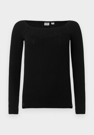 Schwarzes, gestreiftes Oberteil mit langen Ärmeln und quadratischem Ausschnitt. Hergestellt aus einem strukturierten, dehnbaren Stoff. Bietet eine schmale Passform und leicht taillierte Ärmel.