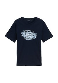 Mørkeblå bomulds t-shirt med en afslappet pasform, der har et hvidt grafikdesign af en vintage bil og tekstelementer på forsiden.