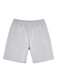 Light gray athletic shorts with an elastic waistband, two side pockets, and subtle ribbed texture. Features a small logo on the lower front.