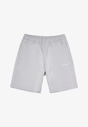 Svetlošedé športové šortky s elastickým pásom, dvoma bočnými vreckami a jemnou rebrovanou textúrou. Obsahujú malé logo na dolnej časti prednej strany.