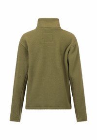 Fleece-Pullover in Olivgrün mit hohem Kragen, strukturierter, weicher Oberfläche und einem quadratischen Patch auf dem oberen Rücken.