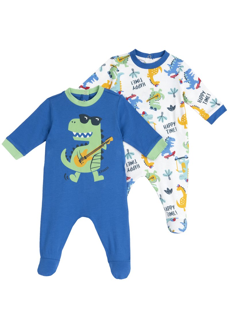Två baby bodysuits: en blå med en grön dinosaurie grafisk design och gitarr, och en vit med färgglada dinosaurie mönster och text.