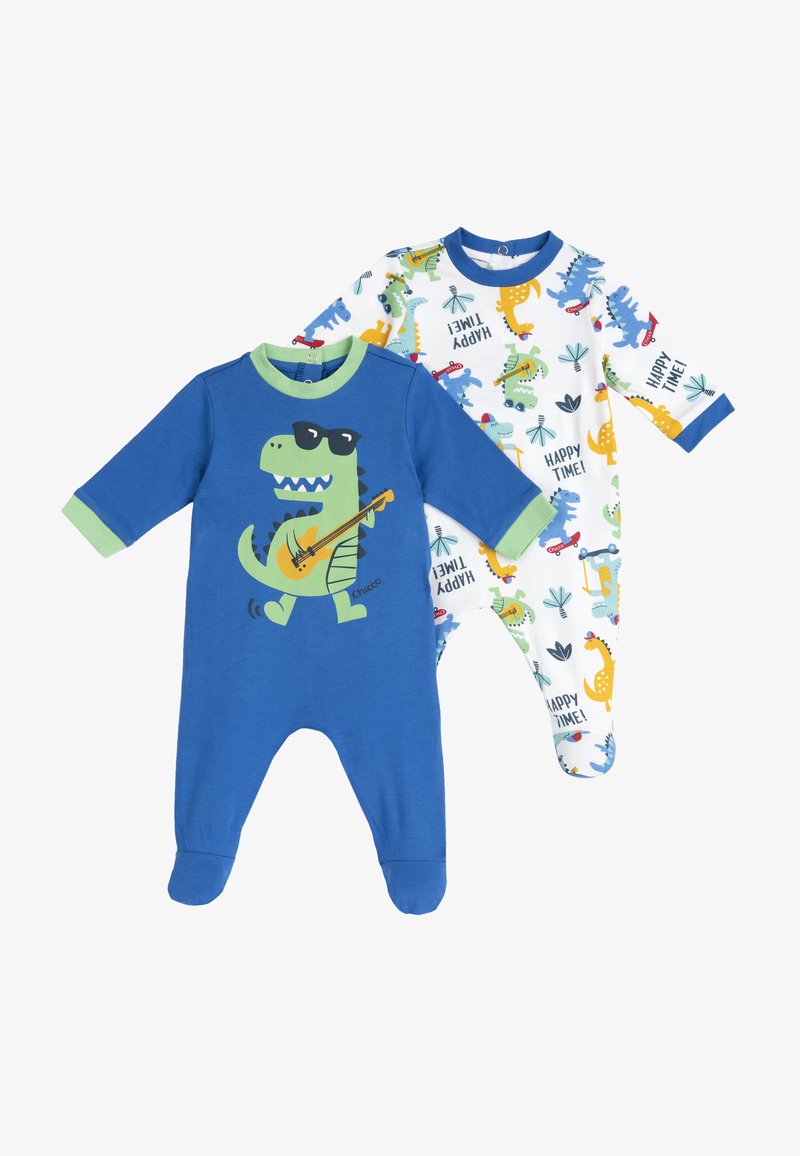 Dvě dětské body: jedno modré s grafikou zeleného dinosaura a kytarou, a druhé bílé s barevnými vzory dinosaurů a textem.