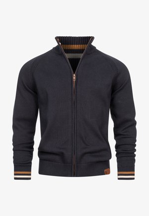 Dunkelblauer Reißverschluss-Pullover mit geripptem Kragen. Verfügt über kontrastierende cremefarbene und braune Streifen an Kragen und Bündchen. Strukturierter Strickstoff.