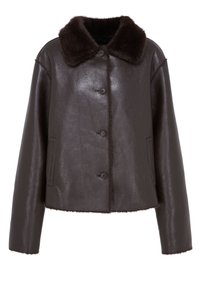 Veste en cuir marron foncé avec fermeture à boutons, deux poches latérales et un col et une doublure en fourrure douce et large.