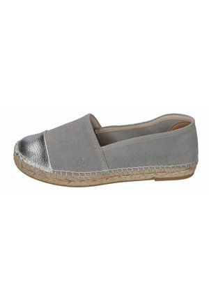 Grey suede espadrille with a metallic silver toe cap, rope midsole, and side stitching detail. Slip-on design with a low profile.