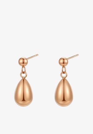 Boucles d'oreilles pendantes en forme de goutte en or rose avec des clous sphériques et une finition métallique lisse et polie sur fond blanc.