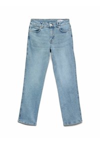 Svetlo modri jeans iz denima z neposrednim krojem, petimi žepi in gumbom za zapiranje. Gladka tekstura z minimalnim bledenjem.
