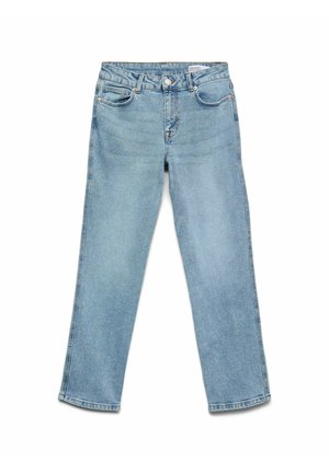 Svetlo modri jeans iz denima z neposrednim krojem, petimi žepi in gumbom za zapiranje. Gladka tekstura z minimalnim bledenjem.