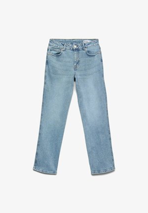 Svetlo modri jeans iz denima z neposrednim krojem, petimi žepi in gumbom za zapiranje. Gladka tekstura z minimalnim bledenjem.