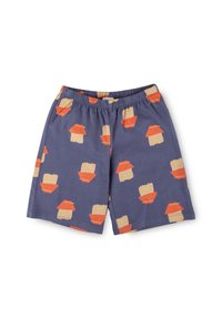Cotton shorts in navy blue with a patterned design featuring light and dark orange boats. Elastic waistband, casual fit, and lightweight fabric.