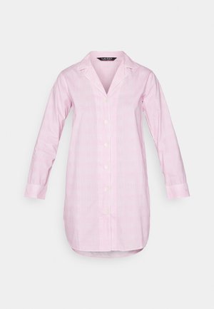 Pink button-up shirt with long sleeves, featuring a checkered pattern and a notched collar. Includes white edging along the cuffs and collar.