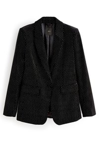 Sort velours blazer med hvide prikker, med spidse klapper, to forlommer og en skræddersyet pasform. Glat tekstur og struktureret design.