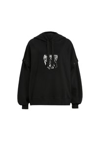 Sweat à capuche noir oversize avec grandes poches avant, détails bouton sur les manches et motif texte abstrait blanc sur la poitrine.
