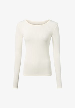Langärmliges weißes Rippenoberteil mit rundem Ausschnitt und figurbetonter Silhouette. Der Stoff hat eine glatte Textur und einen dezenten Stretch.