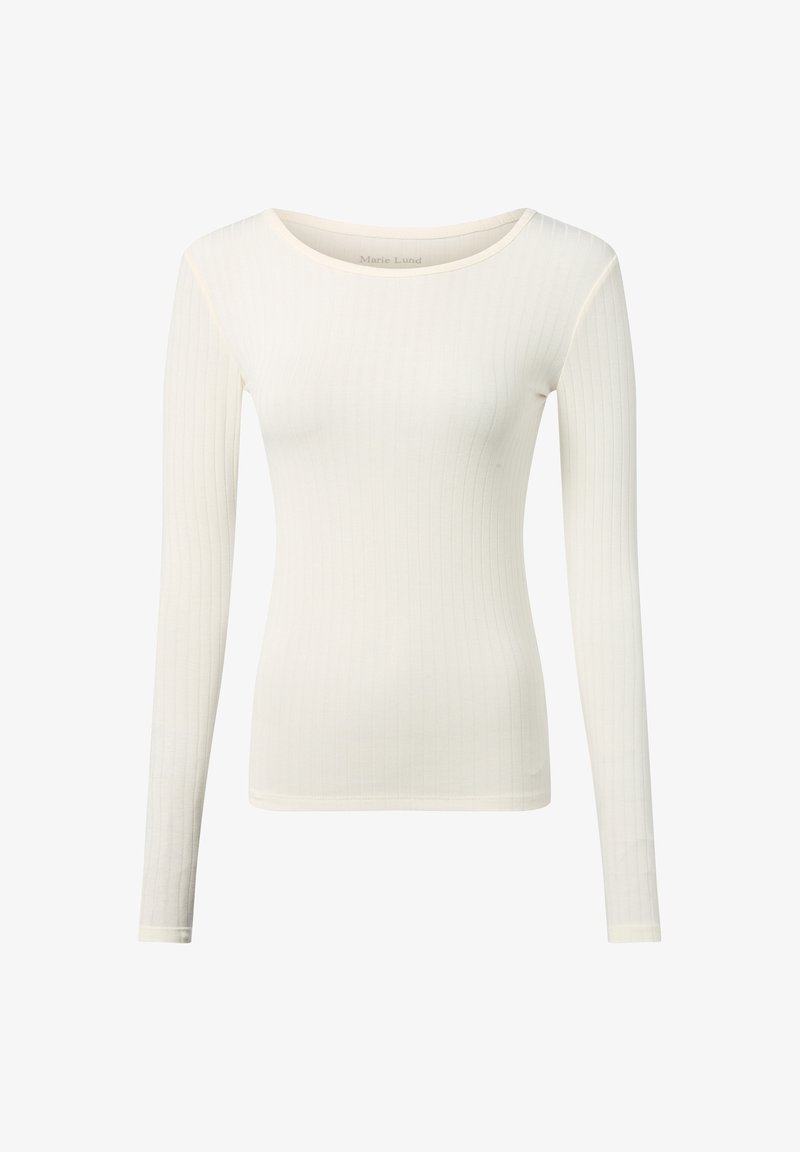 Biała bluzka z długim rękawem, w prążki, z okrągłym dekoltem i dopasowanym krojem. Materiał ma gładką fakturę i delikatny stretch.