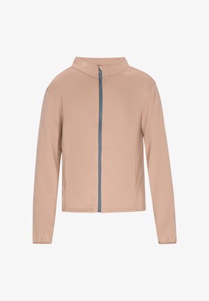 Helle rosa Jacke mit Stehkragen, durchgehendem Reißverschluss und grauen Akzenten. Hergestellt aus glattem, elastischem Material. Verfügt über Seitentaschen.