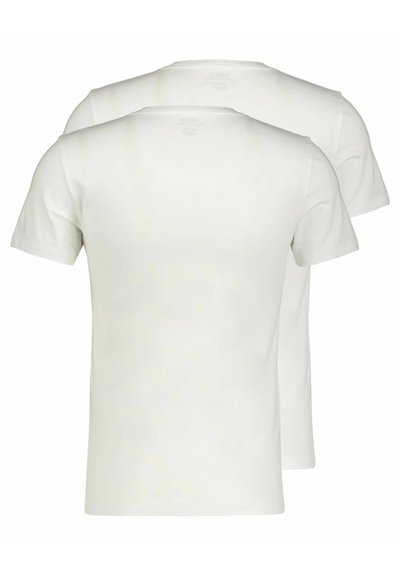 White, short-sleeved T-shirts made of soft cotton material, featuring a classic crew neckline and a smooth texture. Two T-shirts displayed.