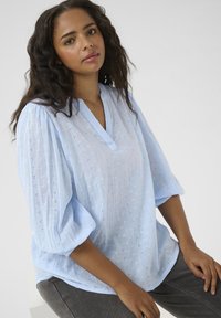 Blouse bleu clair avec un col en V, des manches courtes bouffantes et des motifs brodés. Fabriquée en tissu léger avec une finition légèrement texturée.