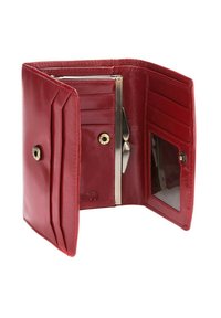 Rote Lederbörse mit mehreren Kartenfächern, einem transparenten Ausweisfach und einem Metallverschluss. Verfügt über eine glatte Textur und goldene Hardware-Details.