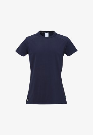 Marineblå kortærmet T-shirt lavet af bomuld. Har en rund halsudskæring, raglanærmer og en lille logo detalje ved kanten.