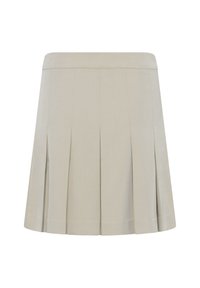 Beige pleated skirt, above knee-length, with a smooth texture and a fitted waistband. Features sharp, even pleats for a structured look.