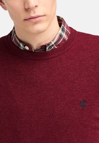 Mörkröd tröja med ribbad rund halsringning, lager-på-lager över en rutig skjorta. Har en liten mörk logotyp på tröjans nedre högra sida.