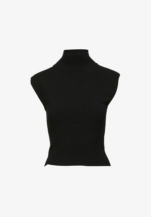 Zwarte coltrui met een aansluitend lijfje, mouwloos ontwerp, geribbelde textuur en een hoge kraag.