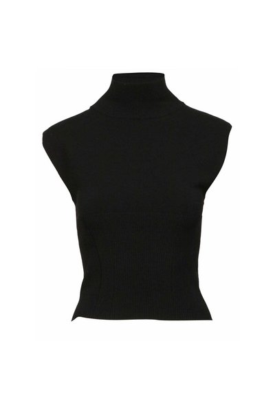 Top nero a collo alto con un corpetto aderente, design senza maniche, texture a coste e colletto alto.