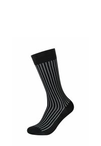 Schwarze Socken mit vertikalen weißen Streifen, gestrickter Stoff, mittellange Ausführung, glatte Textur, verstärkte Ferse und Zehen, einfarbiger schwarzer Bund.