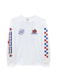 Biała koszula z długim rękawem z grafiką w kolorze czerwonym i niebieskim, w tym logo "Vans" oraz wzorem mangusta, zerkającym na szachownicowy wzór na rękawach.