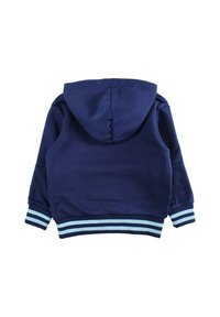 Sweat à capuche bleu marine avec cordon de serrage à la capuche, poignets et ourlet côtelés ornés de rayures bleu clair et blanches. Tissu doux avec une texture lisse.