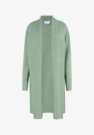 Cardigan aperto verde realizzato in morbido tessuto a maglia, con texture a coste verticali, maniche lunghe e una vestibilità rilassata.