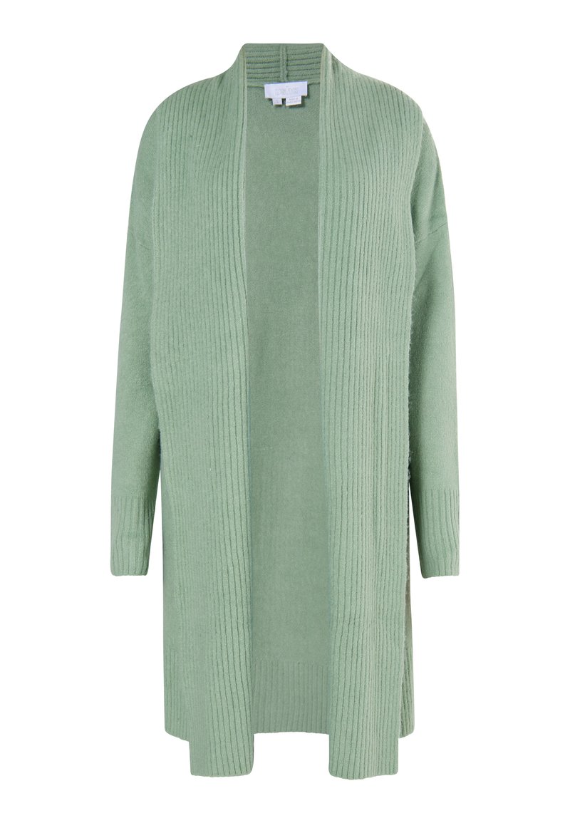 Cardigan aperto verde realizzato in morbido tessuto a maglia, con texture a coste verticali, maniche lunghe e una vestibilità rilassata.